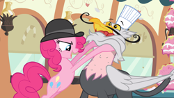 Size: 2000x1125 | Tagged: safe, screencap, gustave le grande, pinkie pie, earth pony, griffon, pony, g4, mmmystery on the friendship express, season 2, bipedal, bowler hat, cartoon physics, duo, facial hair, female, floating eyebrows, hat, male, mare, moustache, open mouth, toque