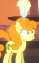 Size: 690x1123 | Tagged: safe, screencap, carrot top, golden harvest, earth pony, pony, g4, mmmystery on the friendship express, background pony, cropped, female, food, mare, solo, sundae, wide eyes