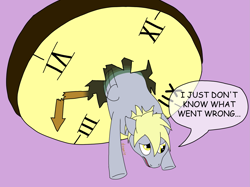 Size: 1925x1437 | Tagged: safe, artist:dzamie, derpy hooves, pegasus, pony, g4, clock, colored, female, i just don't know what went wrong, mare, newbie artist training grounds, oops my bad, simple background, solo