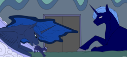 Size: 6000x2717 | Tagged: safe, artist:backlash91, princess luna, oc, oc:artemis eclipse, oc:moon dust (alicorn), alicorn, pony, g4, adopted offspring, adoption, blind in one eye, colt, cute, family, father, female, gentle giant, implied transformation, luna's room, male, mare, maternaluna, mother, mother and child, mother and son, parent:oc:artemis eclipse, parent:princess luna, scar, son, stallion, tail, tail pull, tiny