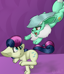 Size: 1653x1917 | Tagged: safe, artist:llametsul, bon bon, lyra heartstrings, sweetie drops, eevee, flareon, vulpix, g4, :o, adorabon, attack, chase, chest fluff, cute, cutie mark, ear fluff, eye contact, female, floppy ears, fluffy, furry, jumping, looking at each other, looking at someone, looking back, lyrabetes, open mouth, paws, pokefied, pokémon, ponified, pounce, quadrupedal, running, smiling, species swap