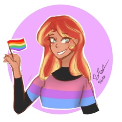Size: 1080x1079 | Tagged: safe, artist:rapunzelights, sunset shimmer, human, g4, 2020, abstract background, bisexual pride flag, blushing, clothes, dark skin, female, gay pride flag, grin, humanized, pride, pride flag, pride month, signature, smiling, solo, sunset shimmer is bisexual