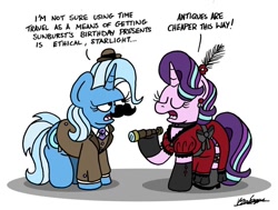 Size: 1024x774 | Tagged: safe, artist:bobthedalek, starlight glimmer, trixie, pony, unicorn, g4, atg 2020, clothes, collar, dialogue, dress, duo, ear piercing, earring, eyes closed, fake moustache, female, hat, implied sunburst, jacket, jewelry, mare, newbie artist training grounds, piercing, saloon dress, simple background, telescope, time travel, unamused, white background