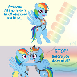 Size: 1000x1000 | Tagged: safe, artist:phallen1, rainbow dash, pegasus, pony, g4, atg 2020, back to the future, bandage, comic, dialogue, duality, eyepatch, flux capacitor, harness, newbie artist training grounds, self ponidox, simple background, tack, time paradox, time travel, warning