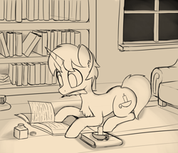 Size: 3484x2995 | Tagged: safe, artist:czu, oc, oc only, oc:tallow wick, pony, unicorn, book, bookshelf, candle, chest fluff, ear fluff, high res, ink, lying down, mouth hold, prone, quill, sitting