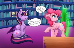 Size: 2000x1300 | Tagged: safe, artist:monsoonvisionz, pinkie pie, twilight sparkle, alicorn, earth pony, pony, g4, alternate design, atg 2020, bookshelf, chest fluff, colored wings, colored wingtips, cute, newbie artist training grounds, portal, rainbow power, scroll, slender, thin, time travel, twiabetes, twilight sparkle (alicorn)