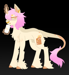 Size: 1400x1500 | Tagged: safe, artist:lepiswerid, oc, oc only, oc:cream soda (lepiswerid), classical unicorn, pony, unicorn, black background, chest fluff, cloven hooves, cutie mark, drink, drinking, drinking straw, dyed hair, dyed mane, ear piercing, faded, full body, glowing horn, horn, jewelry, leonine tail, magic, magic aura, male, nose piercing, nose ring, piercing, simple background, solo, stallion, trap, unshorn fetlocks, wig