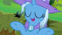 Size: 639x360 | Tagged: safe, screencap, trixie, pony, a horse shoe-in, g4, season 9, adorable face, air quotes, animated, burnt, burnt mane, cape, clothes, cute, diatrixes, eyes closed, female, gif, hat, implying, messy mane, scuff mark, solo, talking, trixie's cape, trixie's hat