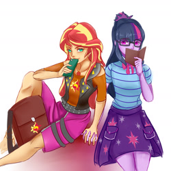 Size: 1900x1900 | Tagged: dead source, safe, artist:reinver, sci-twi, sunset shimmer, twilight sparkle, equestria girls, g4, backpack, book, cellphone, clothes, duo, duo female, female, holding hands, lesbian, phone, ship:sci-twishimmer, ship:sunsetsparkle, shipping, smartphone