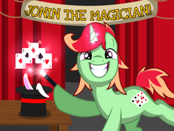 Size: 1600x1200 | Tagged: safe, artist:toyminator900, oc, oc only, oc:jonin, pony, rabbit, unicorn, animal, commission, grin, happy, hat, horn, looking at you, magic, male, playing card, raised hoof, smiling, solo, stallion, table, top hat, wand