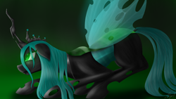 Size: 3840x2160 | Tagged: source needed, safe, artist:flaxen's art corner, queen chrysalis, changeling, changeling queen, g4, crown, female, floppy ears, glowing eyes, green eyes, high res, jewelry, pose, profile, regalia, solo, wings