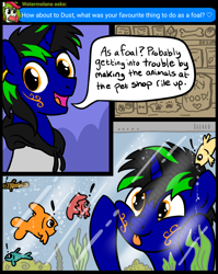 Size: 1536x1928 | Tagged: safe, artist:sjart117, oc, oc only, oc:dust rock, oc:watermelana, fish, pony, unicorn, ask nyx, ask, ask dust rock, body markings, bubble, clothes, colt, fish tank, horn, jacket, looking at you, male, male oc, permission given, pet food, pet store, pony oc, speech, stallion, stallion oc, talking, tongue out, unicorn oc, younger