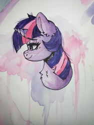 Size: 1536x2048 | Tagged: safe, artist:h0rsefeathers, twilight sparkle, pony, unicorn, g4, bust, irl, photo, solo, traditional art, watercolor painting