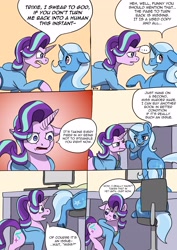 Size: 2480x3507 | Tagged: safe, artist:mcsplosion, starlight glimmer, trixie, comic:horsemates, g4, apartment, bedroom, comic, desk, high res, human to pony, living room, magic, male to female, post-transformation, rule 63, transformation, transgender transformation