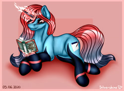 Size: 3134x2307 | Tagged: safe, artist:silvershine, oc, oc only, oc:crimson skies, pony, unicorn, book, commission, high res, magic, reading, simple background, solo
