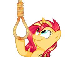 Size: 2000x1478 | Tagged: safe, artist:mint-light, sunset shimmer, pony, unicorn, g4, :d, bust, downvote bait, eyelashes, horn, looking up, noose, rope, simple background, smiling, solo, text, transparent background