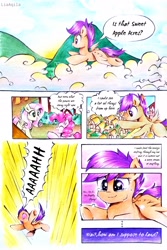 Size: 2322x3479 | Tagged: safe, artist:liaaqila, fluttershy, pinkie pie, scootaloo, earth pony, pegasus, pony, comic:fly high scoots, g4, cloud, comic, crying, cute, cutealoo, dialogue, didn't think this through, falling, flying, happy, high res, scootaloo can fly, scootaloo can't fly, scootasad, speech bubble, sweet apple acres, tears of joy, thought bubble, traditional art, trio