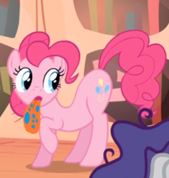 Size: 393x413 | Tagged: safe, screencap, pinkie pie, rarity, earth pony, pony, unicorn, bridle gossip, g4, season 1, balloonbutt, butt, cropped, female, hairity, large tongue, plot, spitty pie, tongue out