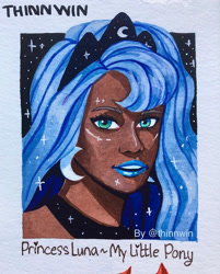 Size: 869x1080 | Tagged: safe, alternate version, artist:thinnwin, princess luna, human, g4, bust, clothes, dark skin, ear piercing, ethereal mane, female, humanized, jewelry, lipstick, necklace, piercing, smiling, solo, starry mane, traditional art