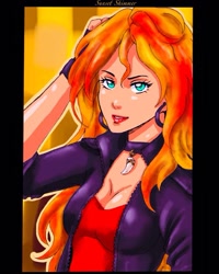 Size: 1080x1349 | Tagged: safe, artist:thinnwin, sunset shimmer, human, g4, abstract background, breasts, bust, choker, cleavage, clothes, female, fingerless gloves, gloves, humanized, jewelry, necklace, solo