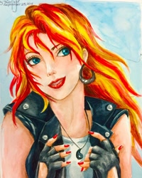 Size: 1080x1350 | Tagged: safe, artist:thinnwin, sunset shimmer, human, g4, bust, clothes, ear piercing, earring, female, fingerless gloves, gloves, humanized, jewelry, lipstick, nail polish, piercing, signature, smiling, solo, traditional art, vest