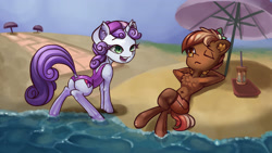 Size: 3840x2160 | Tagged: safe, artist:alexsavenije, button mash, sweetie belle, earth pony, pony, unicorn, g4, beach, belly button, butt, chest fluff, clothes, date, dock, high res, ocean, on back, one eye closed, one-piece swimsuit, open mouth, open-back swimsuit, plot, swimsuit, umbrella