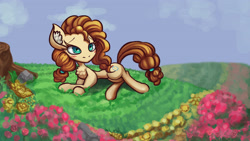 Size: 3840x2160 | Tagged: safe, artist:alexsavenije, pear butter, earth pony, pony, g4, blushing, chest fluff, female, flower, high res, mare, prone, solo, tree stump