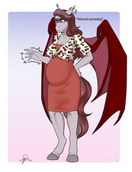 Size: 2865x3730 | Tagged: safe, artist:blackblood-queen, oc, oc only, oc:scarlet quill, bat pony, anthro, unguligrade anthro, anthro oc, bat pony oc, bat wings, belly, big belly, clothes, commission, digital art, ear flick, fangs, female, gradient background, high res, internal screaming, key, pregnant, simple background, solo, wings