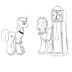 Size: 2000x2000 | Tagged: safe, artist:redquoz, doctor whooves, time turner, oc, oc:astralspark, earth pony, pony, unicorn, g4, alternate timeline, atg 2020, bowtie, crossover, grandfather clock, happy, high res, monochrome, newbie artist training grounds, sketch, star trot, time travel, unshorn fetlocks