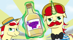 Size: 1024x557 | Tagged: safe, artist:tkuroneko, flam, flim, pony, unicorn, g4, 4chan, amazing horse, bottle, crossover, drawthread, duo, flim flam brothers, floppy ears, implied urine, looking at you, magic, ponified