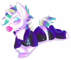 Size: 2819x2373 | Tagged: safe, artist:h0rsefeathers, rarity, pony, unicorn, g4, alternate hairstyle, bubblegum, chest fluff, clothes, ear piercing, earring, eyeshadow, female, food, gum, high res, jacket, jewelry, makeup, mare, pants, piercing, punk, raripunk, solo