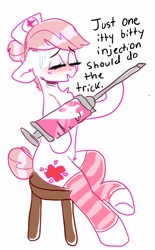 Size: 1937x3132 | Tagged: safe, artist:h0rsefeathers, nurse redheart, earth pony, pony, g4, clothes, dialogue, female, giant syringe, hoofless socks, socks, solo, stool, striped socks, sweat, syringe