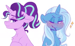 Size: 1839x1148 | Tagged: safe, artist:h0rsefeathers, starlight glimmer, trixie, pony, unicorn, g4, blushing, bust, chest fluff, female, hairclip, lesbian, lidded eyes, mare, mouth hold, one eye closed, ship:startrix, shipping, simple background, sparkles, white background, wink