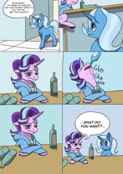 Size: 2480x3507 | Tagged: safe, artist:mcsplosion, starlight glimmer, trixie, comic:horsemates, g4, alcohol, apartment, bedroom, comic, counter, desk, drunk, high res, human to pony, kitchen, living room, magic, male to female, post-transformation, rule 63, transformation, transgender transformation