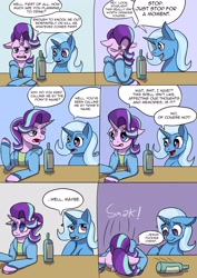 Size: 2480x3507 | Tagged: safe, artist:mcsplosion, starlight glimmer, trixie, comic:horsemates, g4, apartment, awkward smile, comic, countertop, drunk, existential crisis, facedesk, facehoof, faint, high res, human to pony, magic, male to female, mental shift, post-transformation, rule 63, smiling, sweat, transformation, transgender transformation