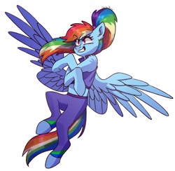 Size: 2048x2000 | Tagged: safe, alternate version, artist:chibadeer, rainbow dash, pegasus, semi-anthro, g4, alternate hairstyle, arm hooves, belly, buckball fan gear rainbow dash, clothes, high res, jacket, midriff, pants, ponytail, simple background, sports bra, sweatpants, that was fast, white background