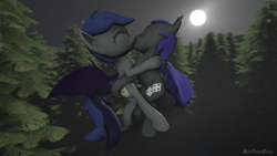 Size: 1280x720 | Tagged: safe, alternate version, artist:batponyecho, oc, oc only, oc:au hasard, oc:echo, bat pony, pony, 3d, bat pony oc, bat wings, commission, cutie mark, eyes closed, female, flying, forest, kissing, male, mare, moon, night, oc x oc, shipping, source filmmaker, spread wings, stallion, straight, tail, tree, wings, ych result