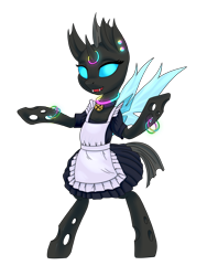 Size: 3432x4576 | Tagged: safe, artist:kovoranu, oc, oc only, oc:trill, changeling, bell, bell collar, bipedal, bracelet, cat bell, changeling oc, clothes, collar, commission, cute, ear piercing, glowstick, horn, horn ring, jewelry, maid, piercing, simple background, solo, transparent background