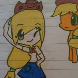 Size: 1080x1080 | Tagged: safe, artist:hnlycan, applejack, earth pony, human, pony, g4, clothes, duo, female, hat, human ponidox, humanized, lined paper, mare, one eye closed, self ponidox, traditional art, wink