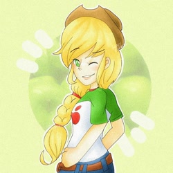 Size: 768x768 | Tagged: safe, artist:hnlycan, applejack, human, g4, abstract background, braid, clothes, female, hat, humanized, one eye closed, smiling, solo, wink