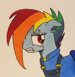 Size: 1417x1460 | Tagged: safe, artist:polar_storm, rainbow dash, pegasus, pony, g4, alternate timeline, apocalypse dash, bust, colored sketch, crystal war timeline, eye scar, female, frown, mare, red eyes, scar, simple background, solo, torn ear, traditional art, white background