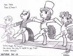 Size: 1024x796 | Tagged: safe, artist:digiral, cheese sandwich, pinkie pie, pun twirl, sans smirk, earth pony, pony, g4, the last laugh, background pony, bipedal, clothes, conveyor belt, dancing, dialogue, female, glasses, hard hat, hat, ink drawing, inktober, line dancing, male, mare, monochrome, signature, stallion, suit, top hat, traditional art
