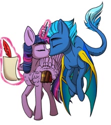 Size: 800x902 | Tagged: safe, artist:celestial-rainstorm, twilight sparkle, oc, oc:blueflame, alicorn, dracony, dragon, hybrid, pony, g4, book, kissing, magic, male, simple background, stallion, twilight sparkle (alicorn), white background