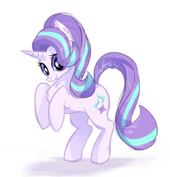 Size: 1132x1177 | Tagged: safe, artist:revarrow, starlight glimmer, pony, unicorn, g4, cute, ear fluff, female, glimmerbetes, mare, rearing, simple background, smiling, solo, white background