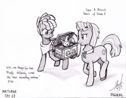 Size: 1024x796 | Tagged: safe, artist:digiral, biscuit, bloofy, spur, earth pony, pegasus, pony, whirling mungtooth, g4, growing up is hard to do, box, female, inktober, male, monochrome, teenager, traditional art