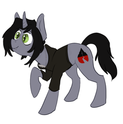 Size: 1273x1280 | Tagged: safe, artist:august, pony, unicorn, clothes, commission, disguise, disguised siren, fangs, happy, jewelry, kellin quinn, male, necklace, ponified, raised hoof, shirt, simple background, sleeping with sirens, slit pupils, smiling, solo, stallion, t-shirt, white background, ych result