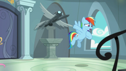 Size: 1920x1080 | Tagged: safe, screencap, rainbow dash, pegasus, pony, daring doubt, g4, female, flying, hoof in air, solo focus