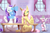 Size: 1280x832 | Tagged: safe, artist:blues64, artist:lesang, fluttershy, rarity, sweetie belle, pegasus, pony, unicorn, g4, bipedal, cup, evil laugh, female, filly, glowing horn, headcanon in the description, horn, indoors, laughing, levitation, mad with power, magic, mare, megalomaniac, sitting, table, talking, teacup, telekinesis