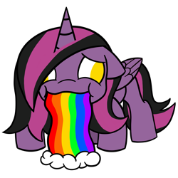 Size: 1905x1904 | Tagged: safe, artist:captshowtime, oc, oc only, oc:showtime, alicorn, pony, chibi, commission, cute, derp, puking rainbows, rainbow, simple background, solo, transparent background, vomit, vomiting, ych result