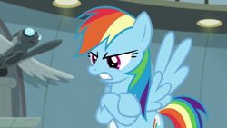 Size: 1920x1080 | Tagged: safe, screencap, rainbow dash, pegasus, pony, daring doubt, angry, crossed arms, female, flying, solo